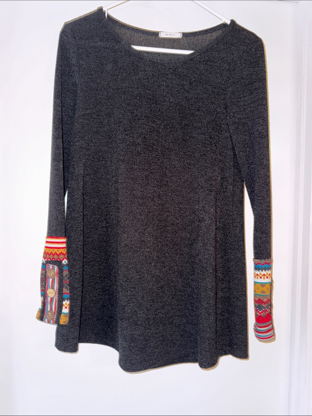 Mom Ami USA Black/Dark Grey Knit Tunic with Colorful Embroidered Cuffs
